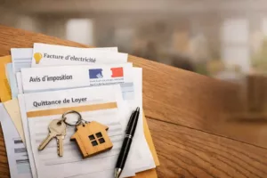Justificatifs de domicile posés sur une table en bois avec factures, avis d’imposition, quittance de loyer et clés de maison symbolisant les documents permettant de prouver son adresse.