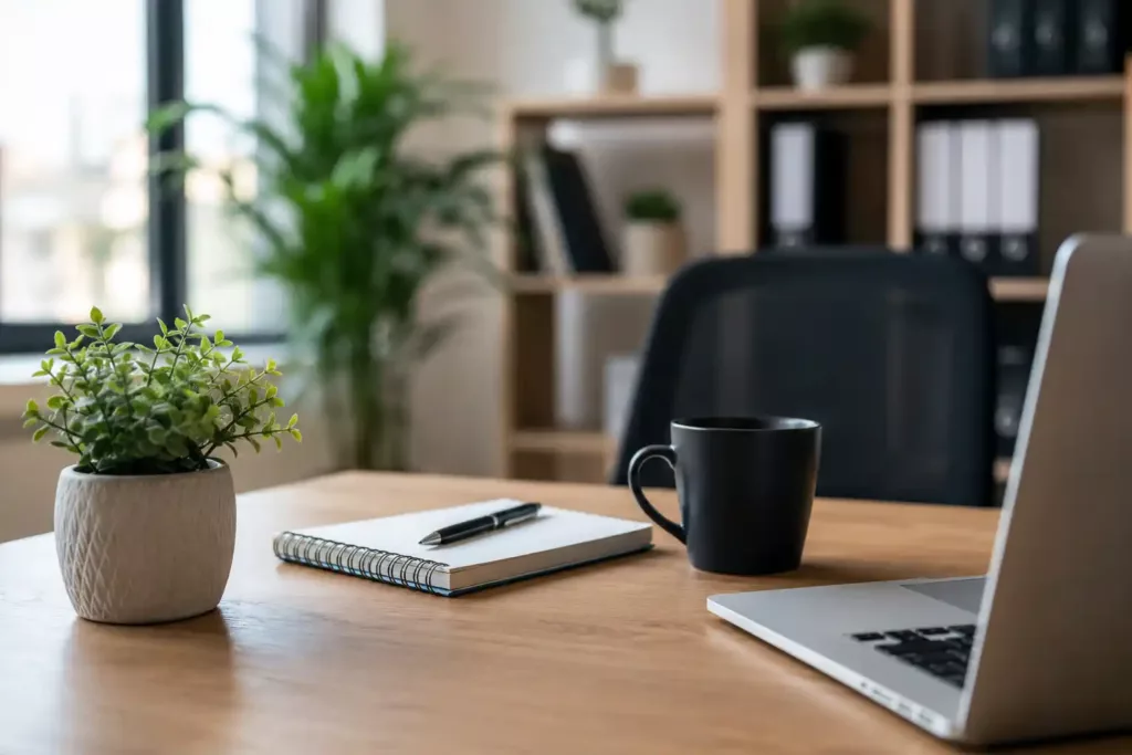 Domiciliation pas chère pour entreprise : bureau professionnel moderne avec ordinateur portable, carnet et espace de travail lumineux illustrant une adresse de siège social économique et une gestion simplifiée de l'activité professionnelle.