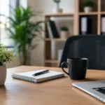 Domiciliation pas chère pour entreprise : bureau professionnel moderne avec ordinateur portable, carnet et espace de travail lumineux illustrant une adresse de siège social économique et une gestion simplifiée de l'activité professionnelle.