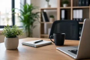Domiciliation pas chère pour entreprise : bureau professionnel moderne avec ordinateur portable, carnet et espace de travail lumineux illustrant une adresse de siège social économique et une gestion simplifiée de l'activité professionnelle.