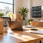 Cartons de bureau et ordinateur portable préparés pour un changement d'adresse d'entreprise