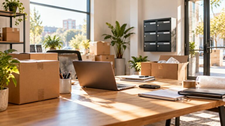 Cartons de bureau et ordinateur portable préparés pour un changement d'adresse d'entreprise