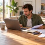 Entrepreneur travaillant sur son ordinateur portable à la table de son salon avec du courrier professionnel