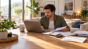 Entrepreneur travaillant sur son ordinateur portable à la table de son salon avec du courrier professionnel